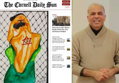 אנטישמיות בחסות האקדמיה הגבוהה: איור אנטישמי בעיתון אונ' קורנל מציג מגן דוד וצלב קרס על אדם פלסטיני