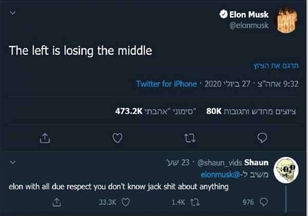 הרשת גועשת לאור דברי אילון מאסק: "השמאל מאבד את המרכז" 