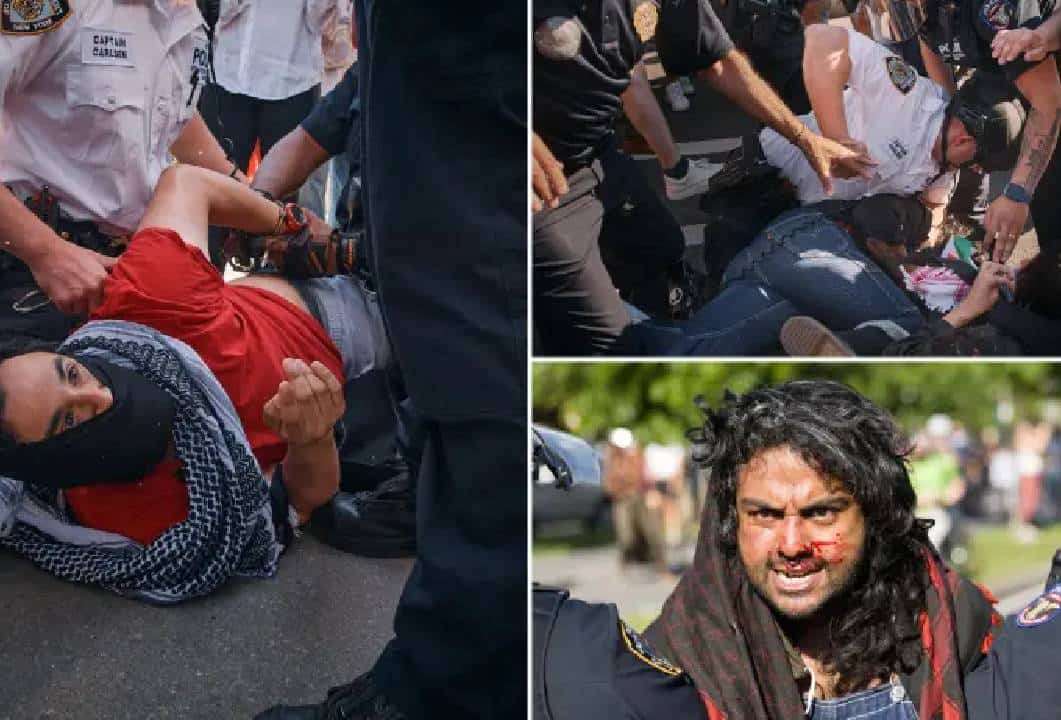 מפגינים אנטי-ישראליים השתלטו על מוזיאון ברוקלין, התנגשו עם שוטרים, ופרסו שלט ענק על גג הבניין