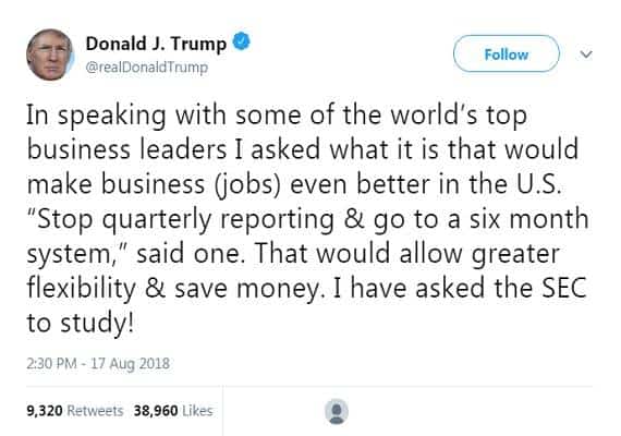 טראמפ קורא לרשות לניירות ערך לבחון את ביטול חובת הדיווח הרבעוני