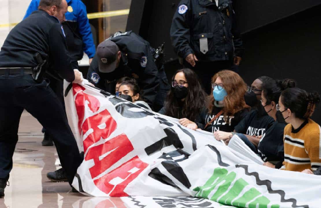 (שוב) ‏כאוס בקפיטול: יותר מ-40 מפגינים פרו-פלסטינים נעצרו בבניין הסנאט