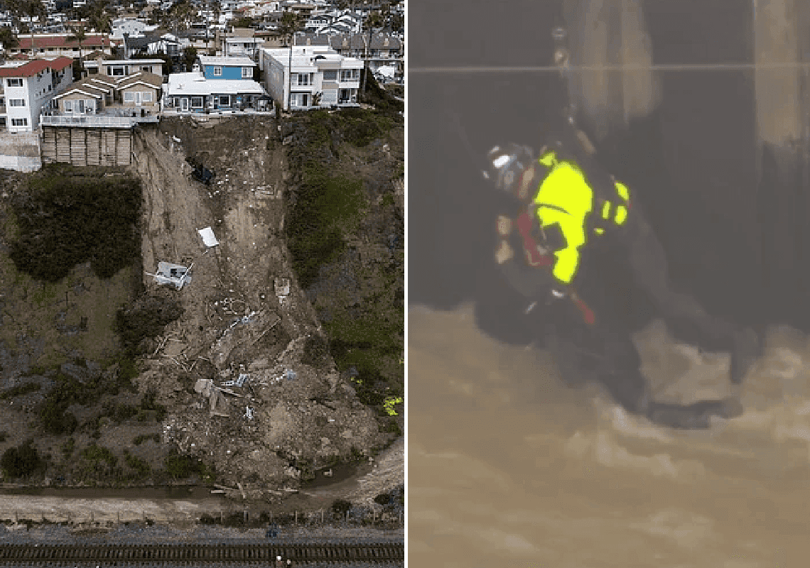 תיעודים מקליפורניה הגשומה: חילוץ דרמטי מנהר אל.איי, חצר אחורית קרסה עם מפולת קרקע 