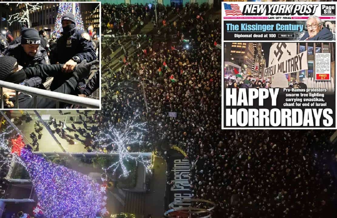 המפגינים הפרו-פלסטינים מצוידים בצלבי קרס ניסו להרוס את טקס הדלקת עץ חג המולד המפורסם בעולם שהתקיים בניו יורק
