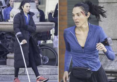 גל גדות נעזרת בקביים אחרי שנפצעה במהלך צילומי מותחן חדש