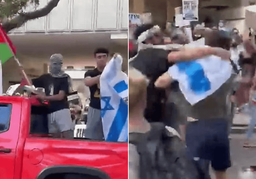 תיעוד מלואיזיאנה: קטטה פרצה לאחר שמפגין פרו-פלסטיני ניסה להצית את דגל ישראל