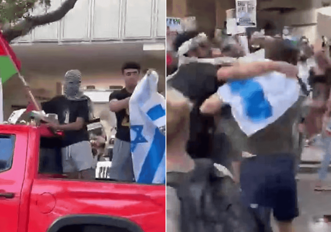 תיעוד מלואיזיאנה: קטטה פרצה לאחר שמפגין פרו-פלסטיני ניסה להצית את דגל ישראל