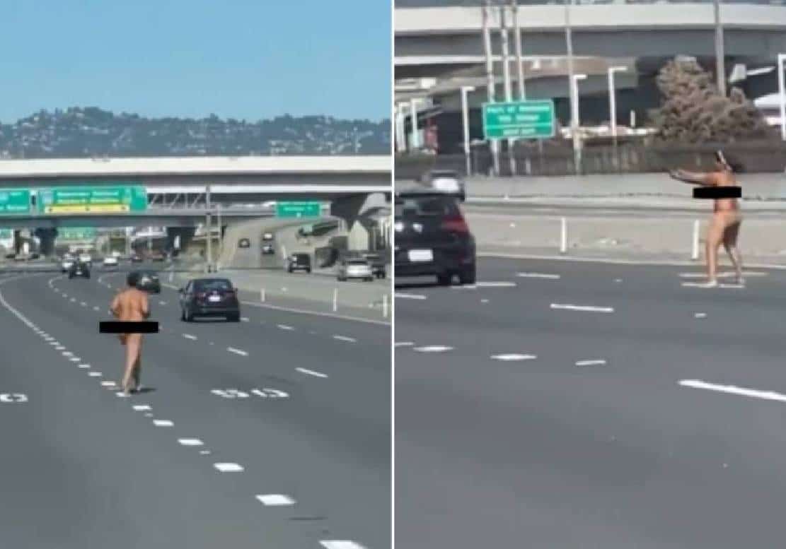לעיני המצלמות: אישה בעירום מלא פותחת באש על מכוניות חולפות בכביש המהיר בקליפורניה‏ ‏
