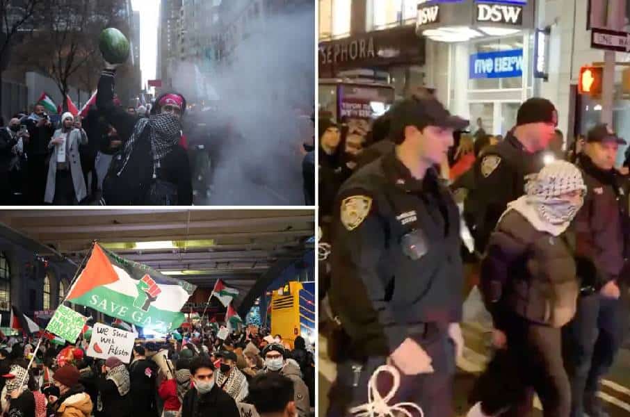 "חג המולד מבוטל": בזמן שהם נושאים סצנת לידה מדומה כדם ברחבי ניו יורק - מהומות אנטי-ישראליות פרצו