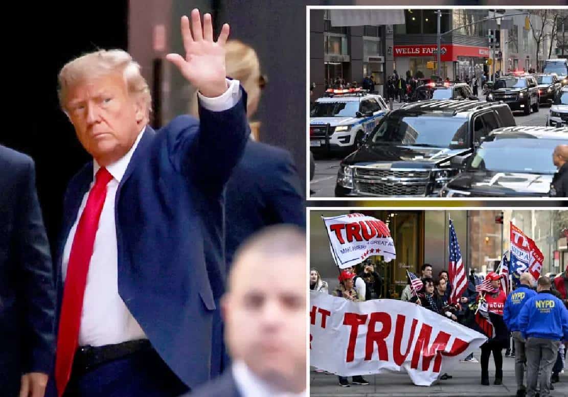 ‏טראמפ נופף לקהל כשהגיע לניו יורק לקראת כניעתו ההיסטורית לתובעים במנהטן‏ ‏