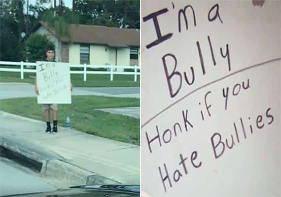 פלורידה:  הכריח את בנו לעמוד בצד הכביש עם השלט "אני בריון"