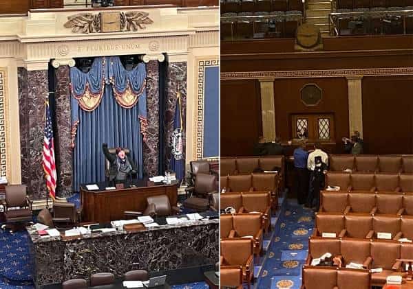 מהומה בבניין הקונגרס: מפגין עמד על דוכן ראש בית הנבחרים וזעק - "טרמפ ניצח!", חברי הבית הוברחו במסכות אב"כ