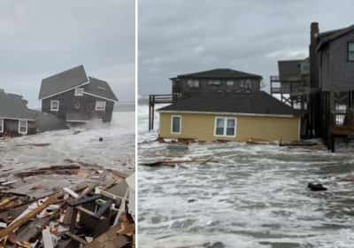 חמישה בתים קרסו לים אחרי ששני הוריקנים חצו בסמוך לחוף המזרחי ויצרו גלים אדירים