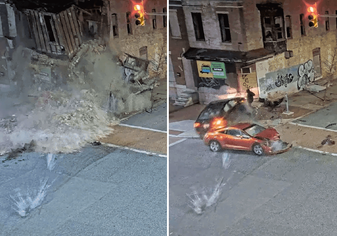 תיעוד קשה: רכב גנוב דורס למוות הולך רגל ומתנגש בבניין - שקורס עליהם 