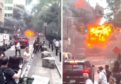 פיצוץ ענק בלב מנהטן: רכב עלה באש ליד וול סטריט והרחוב התמלא עשן