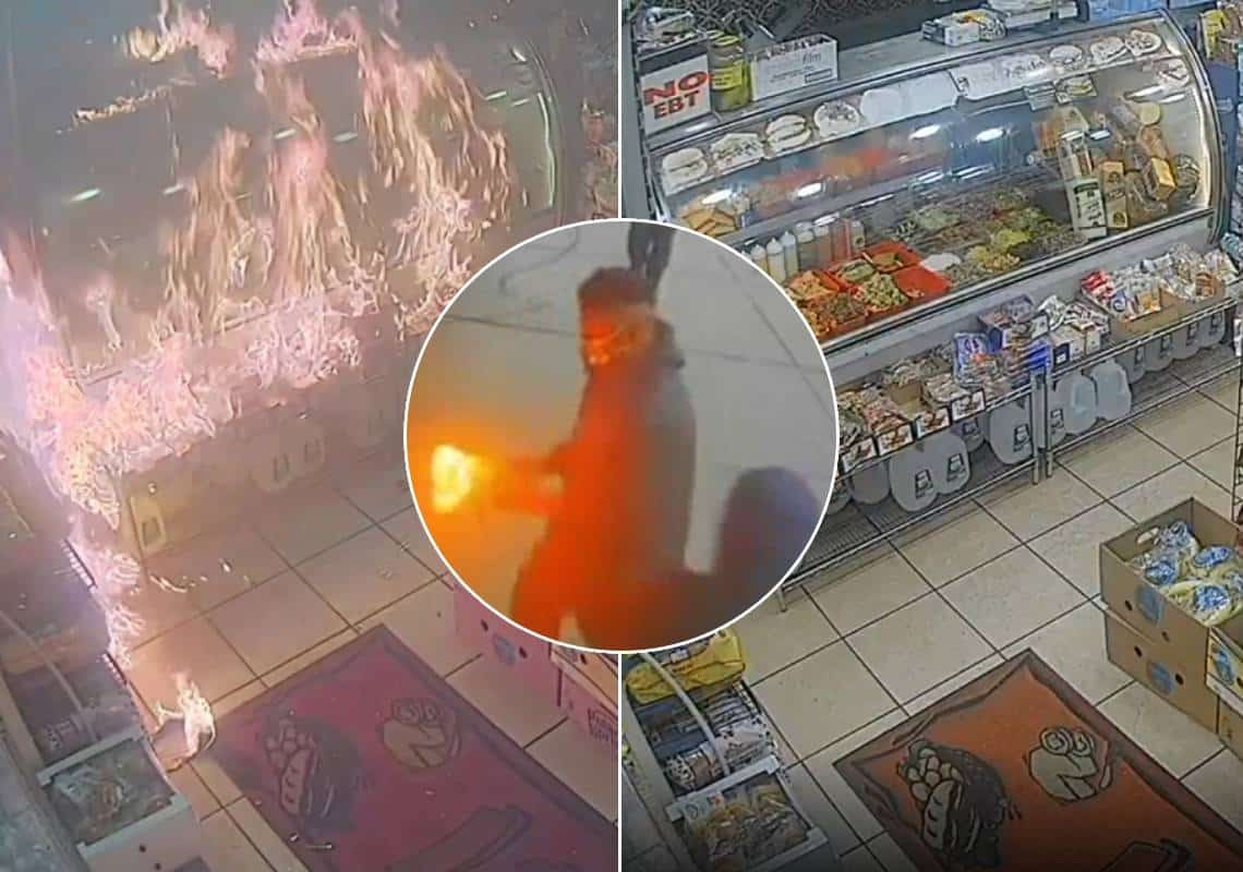 תיעוד: תושב ניו יורק משליך בקבוקי תבערה על חנות בברוקלין